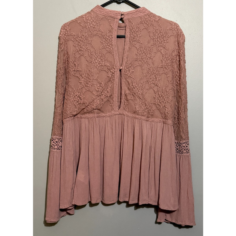 American Eagle XL Dusty Rose Lace Bell Sleeve Blouse Boho Peasant Crochet Top - Picture 6 of 10